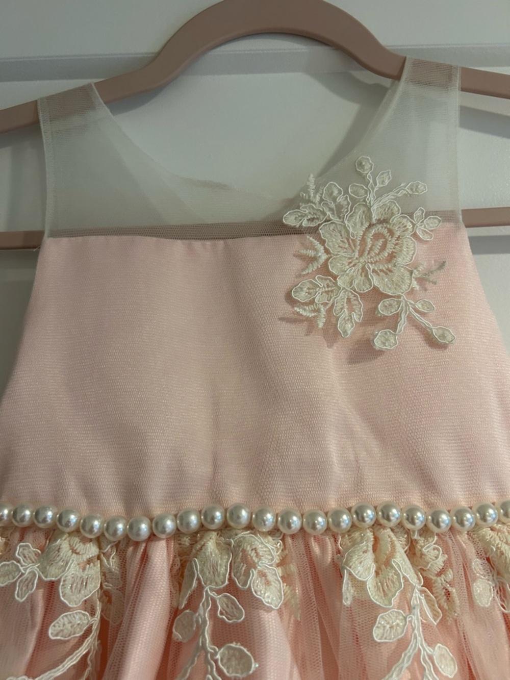 Blush Pink and Cream Lace Pearl-Trim Formal Flower Girl Party Dress - Picture 5 of 6